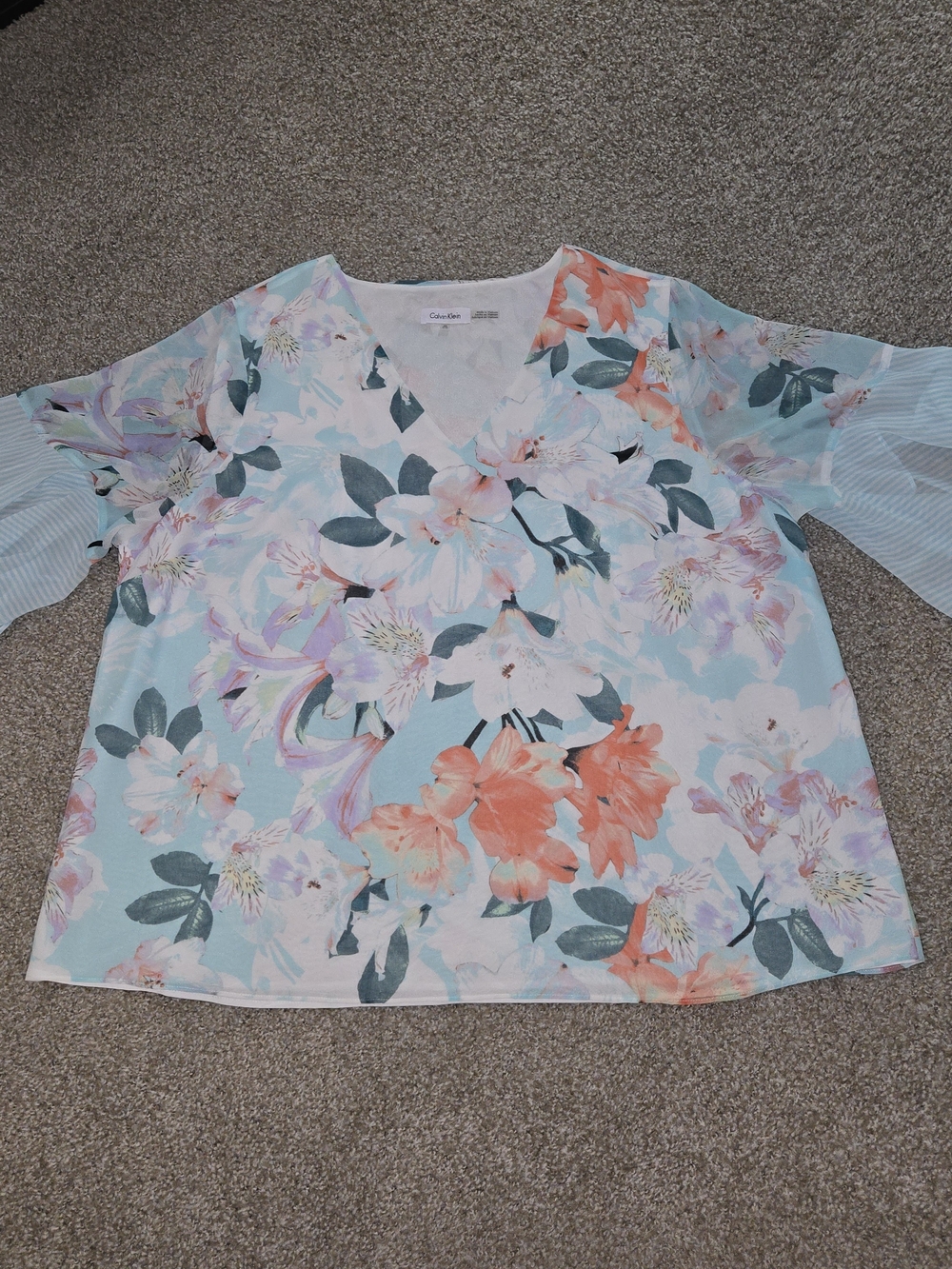 Calvin Klein Pastel Floral V-Neck Blouse in Light Blue and Coral